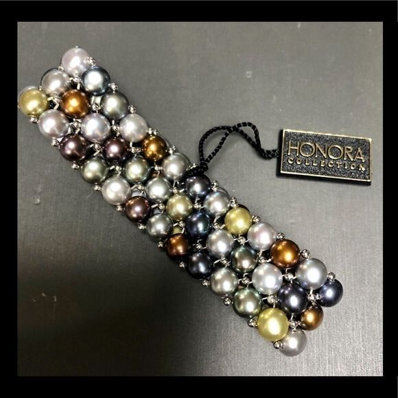 Honora Multi Color Wide Stretchy Pearl Bracelet with Sterling Silver 925 beads - Picture 2 of 6